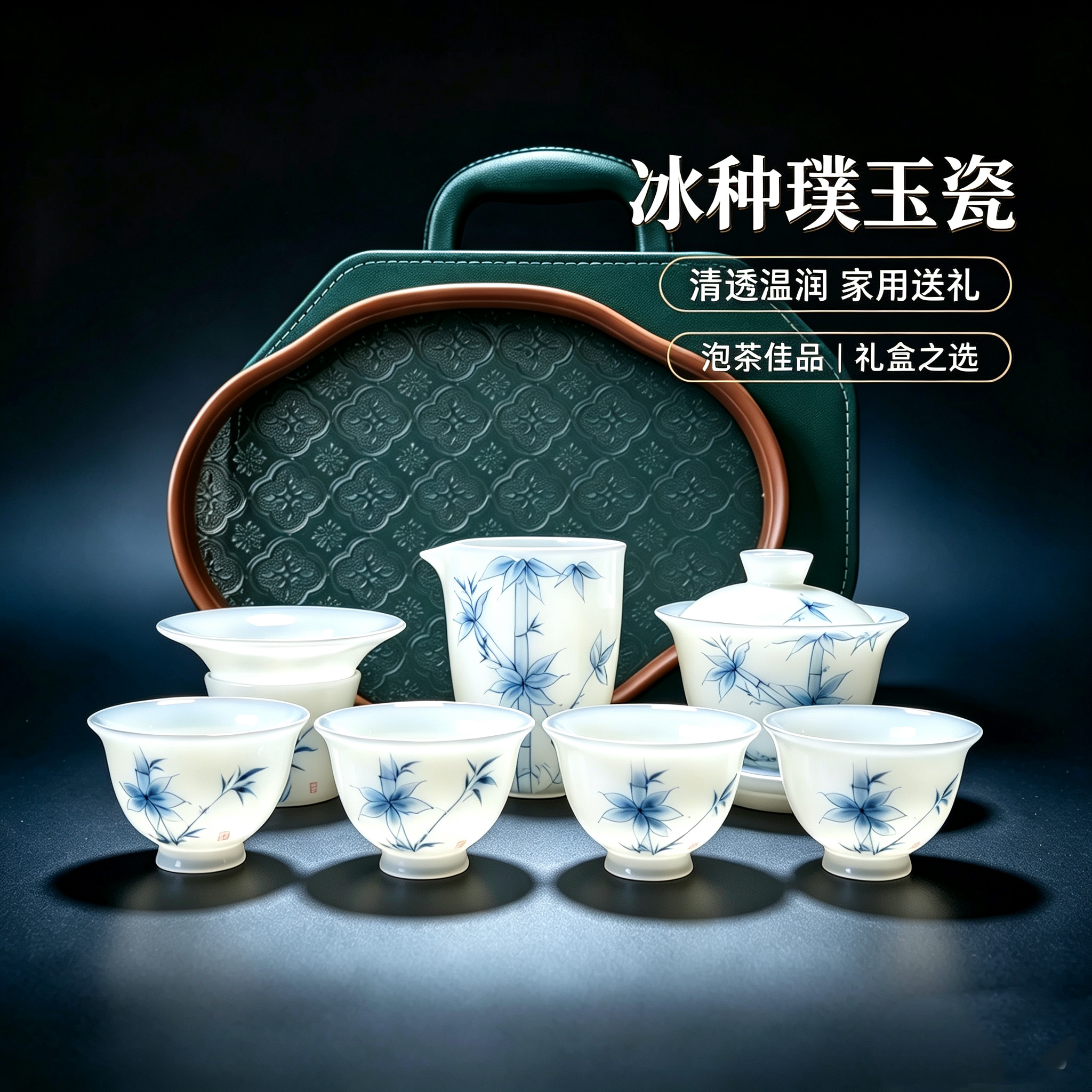 冰种璞玉瓷精工手绘旅行茶具套装带茶盘薄胎盖碗茗杯皮箱礼盒送礼