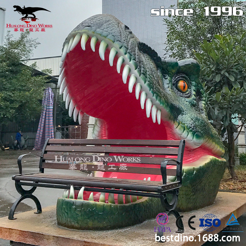 游乐园公园美陈摆件玻璃钢霸王龙咬座椅新品恐龙模型恐龙工厂生产