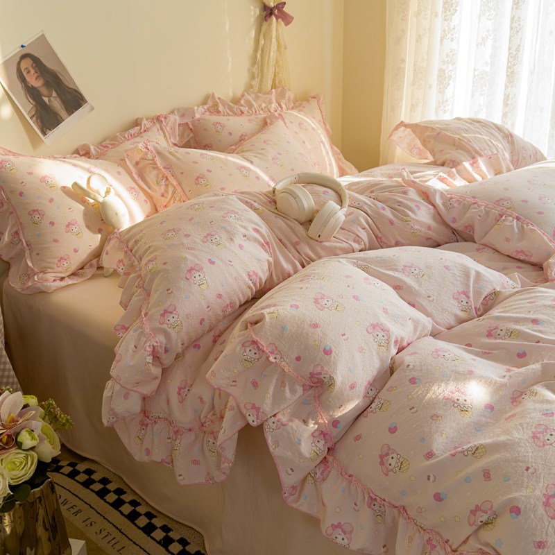 公主风碎花全棉双层纱少女心韩式荷叶边提花裸睡被套床单三件套