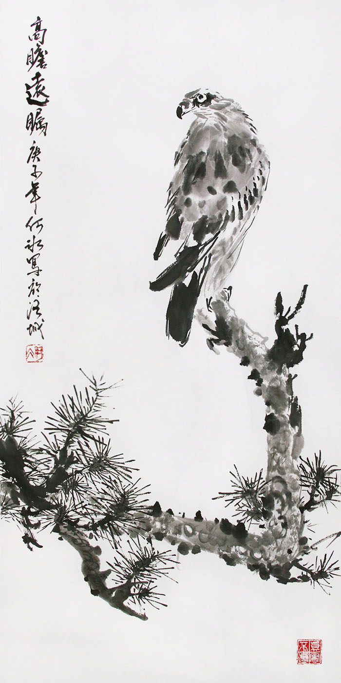 纯手绘国画花鸟老鹰松树雄鹰水墨画玄关装饰画黑白简约挂画书房