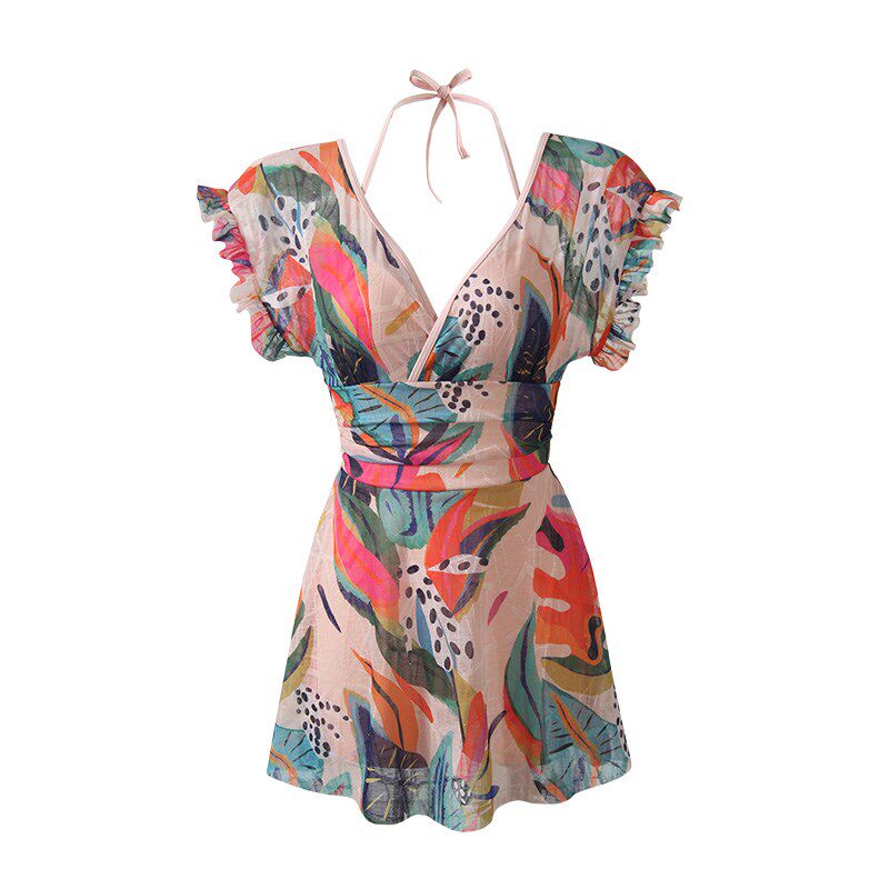 连体裙式平角深V挂脖游泳衣女夏ins风带钢托聚拢保守遮肚显瘦海边