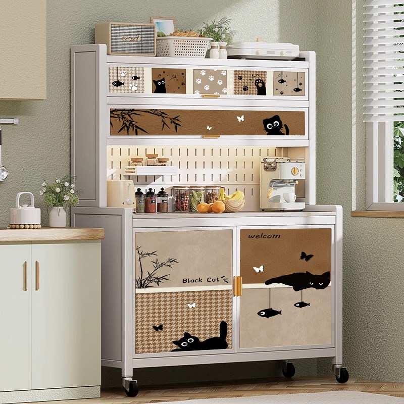 厨房置物架多功能落地带门靠墙家用收纳柜岩板餐边柜奶油风可移动