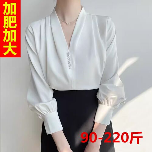 2025春夏大码衬衫女胖mm宽松韩版长G袖雪纺珍珠衬衫职业打底衬衫