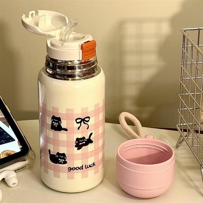 吸管保温杯女生高颜值带盖大容量水杯学生上学专用316不锈钢杯子