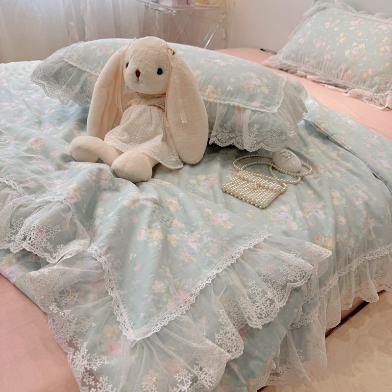 仙女款全棉双层纱夏被四件套可机洗纯棉空调被荷叶边夏凉被薄被子