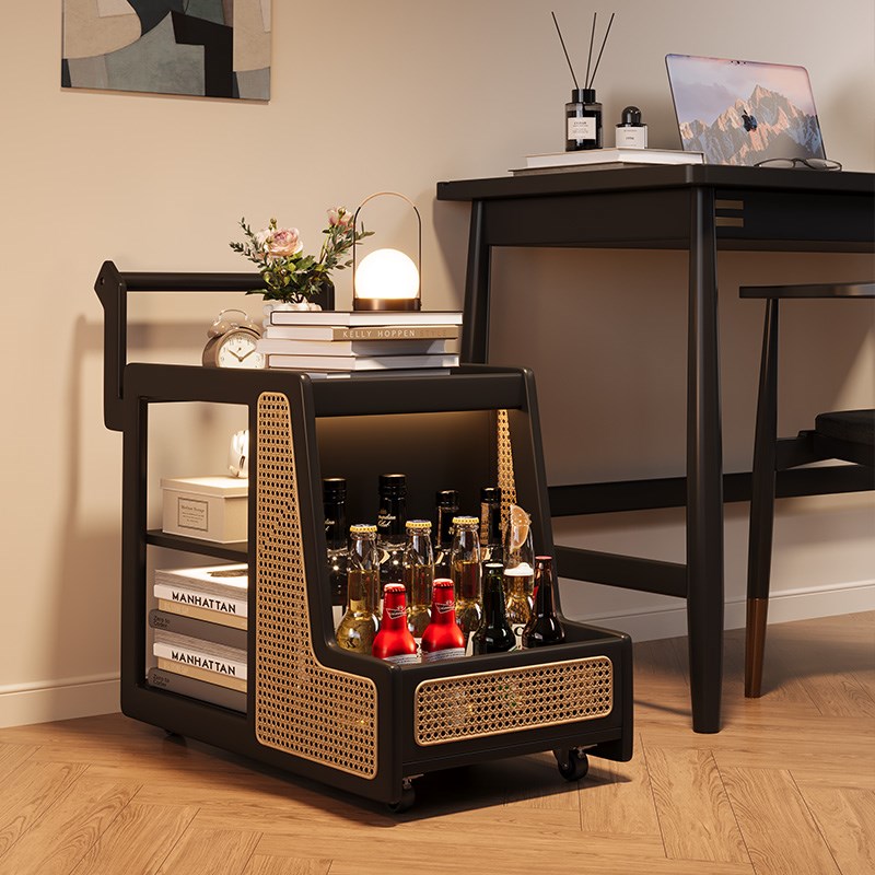 黑色边几小推车可移动实木茶几桌家用带轮旋转客厅沙发旁边的边柜