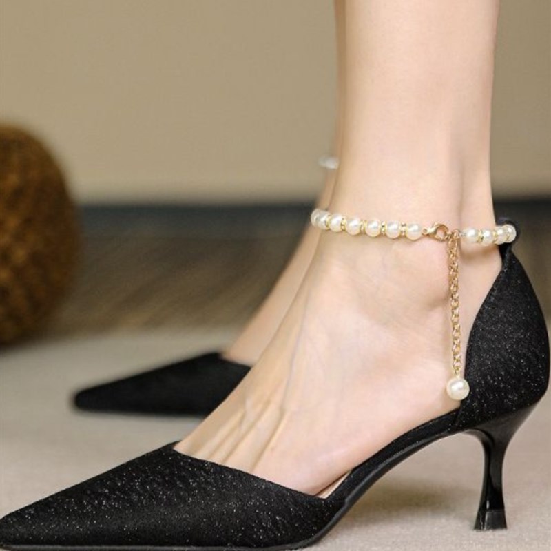 珍珠脚炼女2024年新款高级感轻C奢百搭时尚高跟鞋束鞋带防掉跟脚