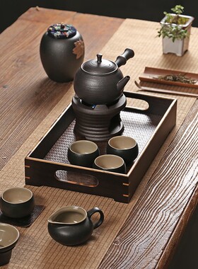 日式陶瓷侧把壶煮茶炉套装 酒精灯底座加热煮茶器 功夫泡茶温茶壶