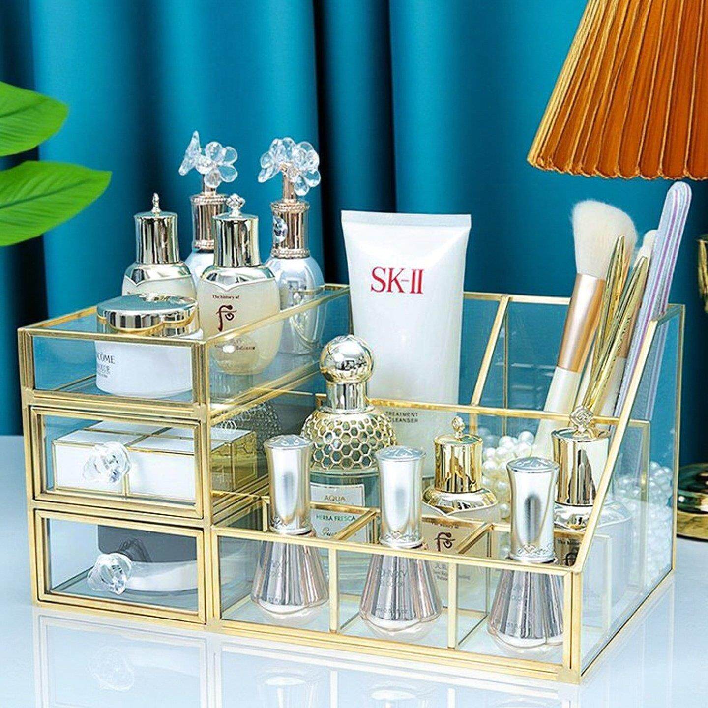 轻奢化妆台桌面化妆品香水收纳盒玻璃化妆刷筒金边美甲工具置物盒
