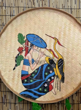 手绘竹编簸箕画云南特色文化装饰画田园民宿墙面墙壁挂饰挂件壁饰
