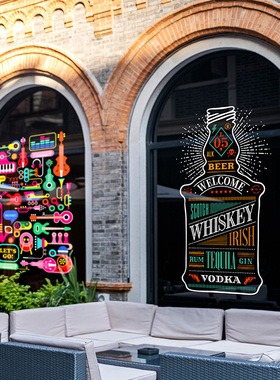 网红时尚音乐主题酒吧餐厅橱窗装饰氛围布置门贴玻璃贴纸静电贴膜