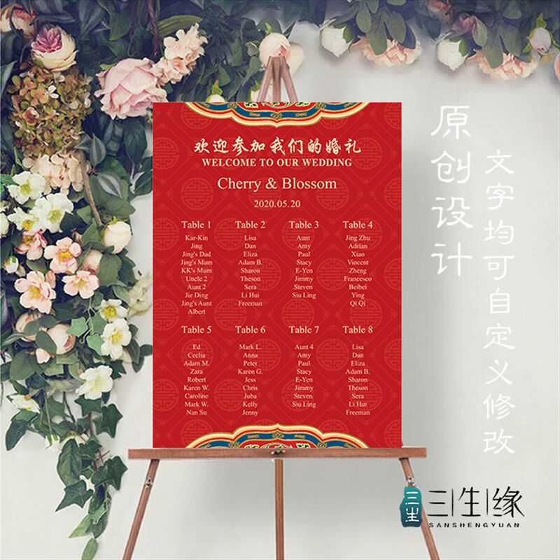 定制中式婚礼席位图订婚宴海报宴会宾客名单迎宾牌红色生日座位表