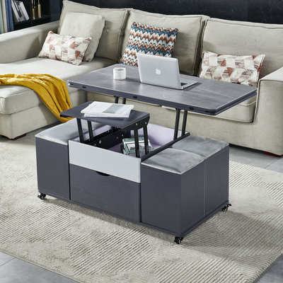 加高款通长底板升降m茶几现代小户型多功能岩板茶几餐桌两用带凳