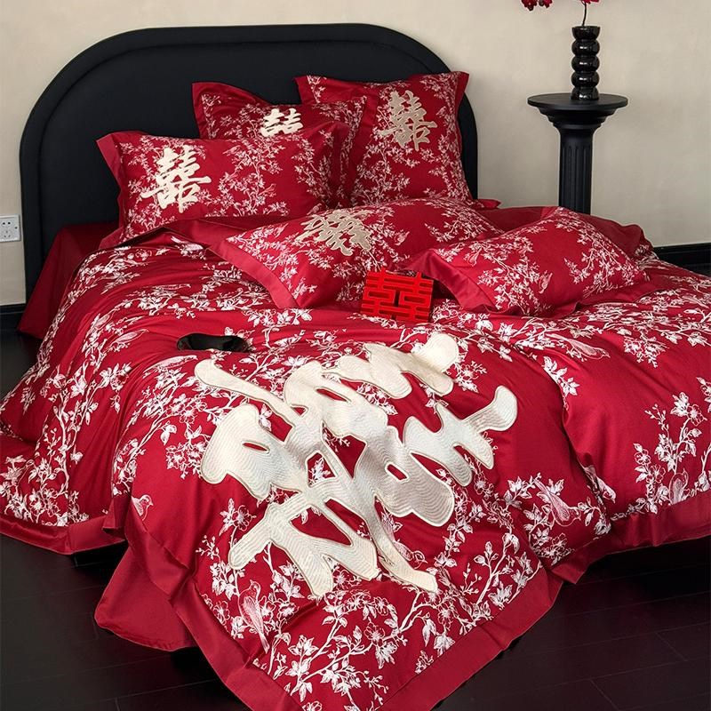 高档结婚100S长绒棉四件套喜字刺绣婚庆被套新房喜嫁全棉纯棉床品