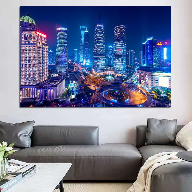 上海夜市繁华城市景色东方明珠外滩建G筑风景画中式喷绘装饰墙贴