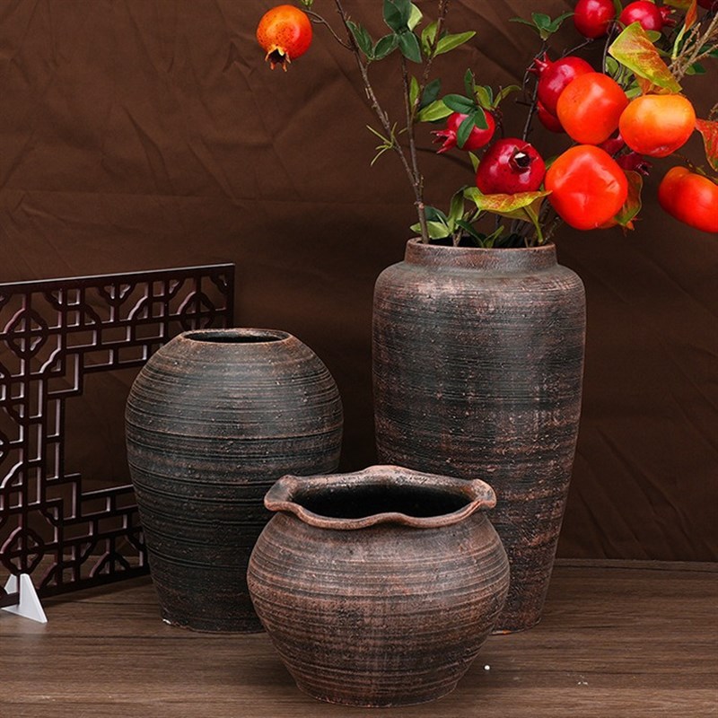 复古粗陶陶罐花瓶摆件中式花盆家B居插花土培干花客厅手工做旧仿