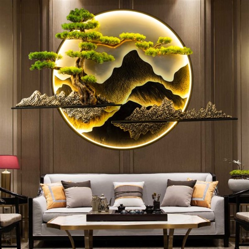 新中式迎客松带灯壁饰客厅玄关墙C面装饰挂画沙发背景圆形铁艺挂