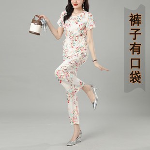 2024夏季新款k民族风棉绸套装女士时尚外穿碎花布人造棉绵绸两件