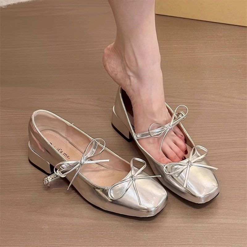 大码女鞋41一43银色法式蝴蝶结玛丽珍鞋女粗跟气质百搭配裙小皮鞋,女鞋,玛丽珍鞋,淘宝优惠券,粉丝福利购,淘宝优惠卷