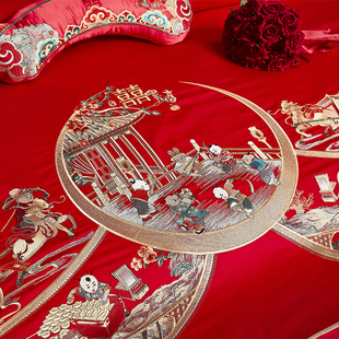 婚庆结婚四件套大红色百子图全棉刺绣被套床上用品十件套