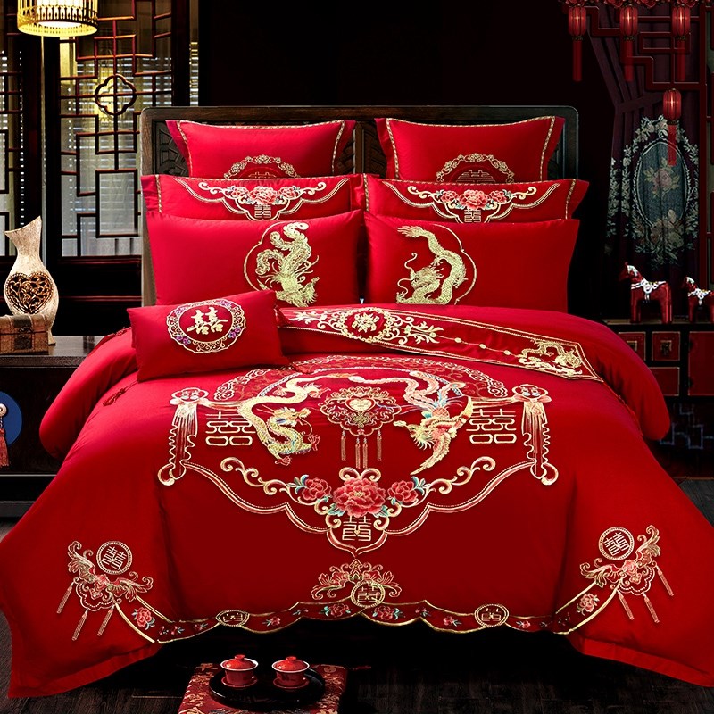 新婚庆四件套大红色全棉刺绣结婚房喜被套六八十件套纯棉床上用品