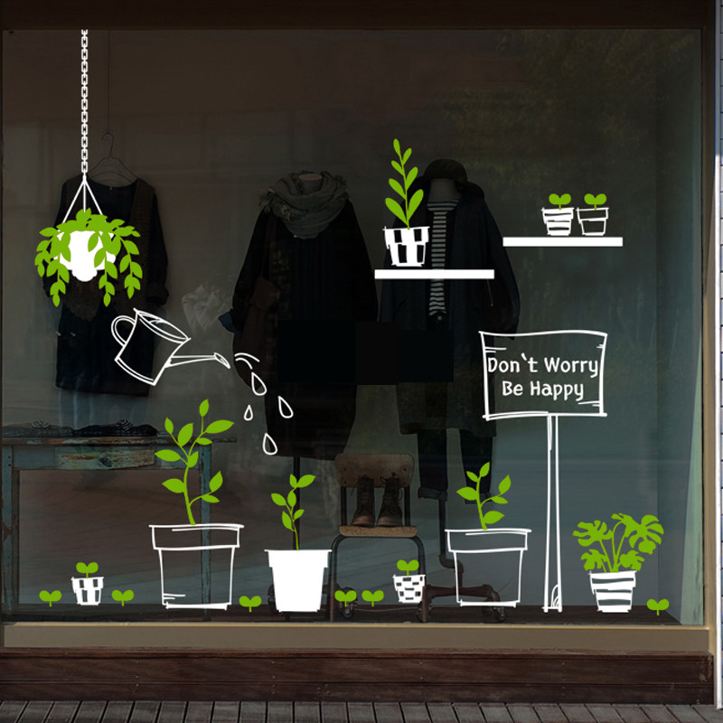 植物花盆栽窗花店 玻璃门窗户装饰自粘墙贴画客厅橱窗防水贴贴纸,家居饰品,软装墙贴,淘宝优惠券,粉丝福利购,淘宝优惠卷