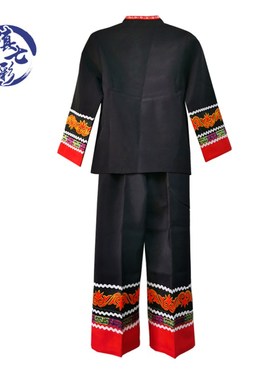 小黑彝族长袖男童套装 简约民族服装黑色长衣长裤 民族服饰生活装