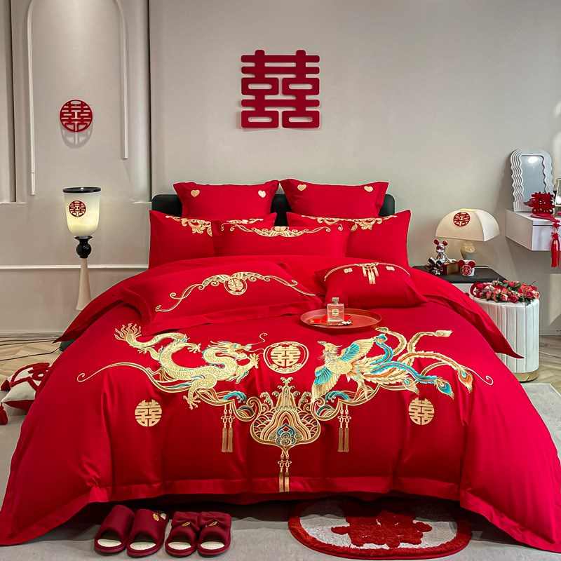 中式龙凤刺绣结婚四件套红色六件床单被套纯棉喜被新婚庆床上用品