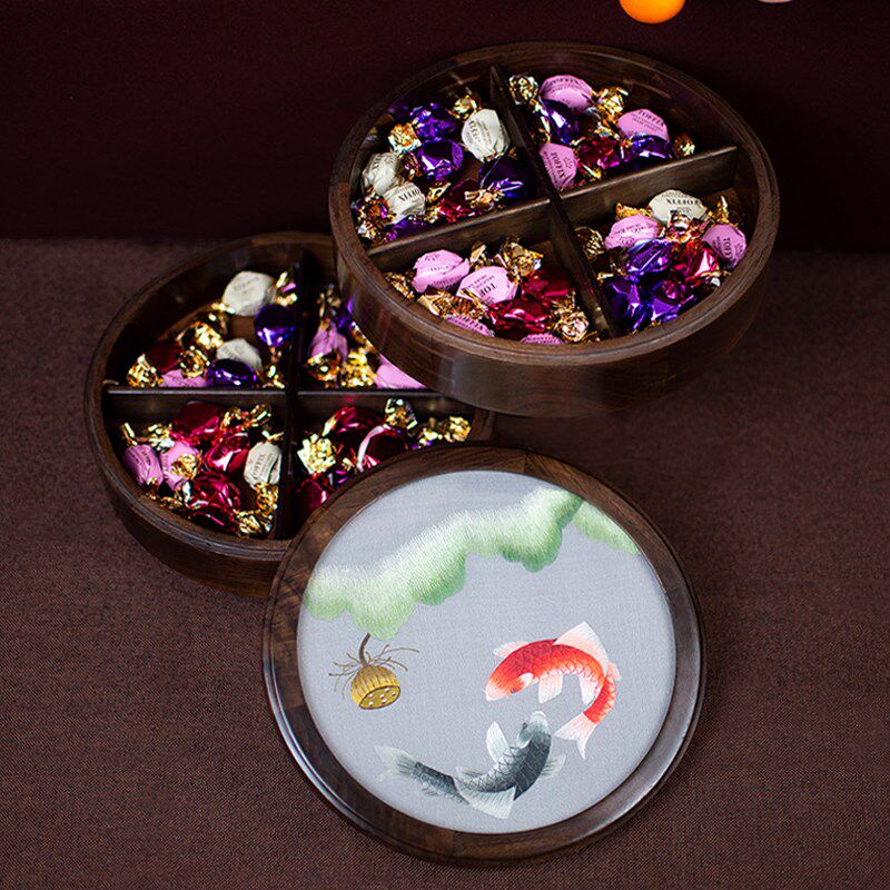 手工刺绣果e盒胡桃木双层果盘中国风复古礼品新中式茶几摆件装饰