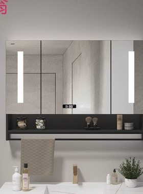 Dqu智能浴室镜柜独挂墙式带灯除雾卫生间梳妆镜子简约实木带置
