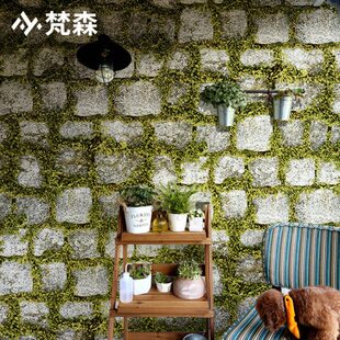 复古怀旧石头石块文化石墙纸绿色植物客厅酒吧理发店背景壁纸防水