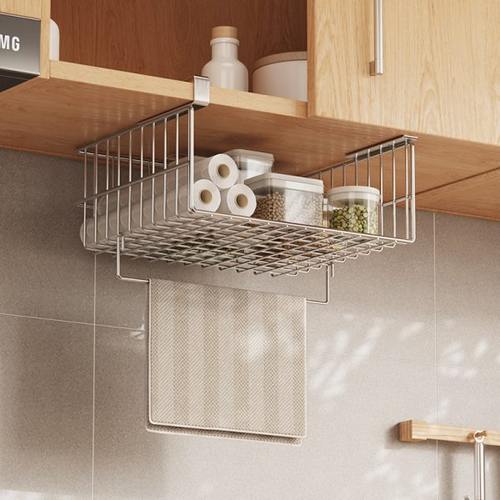304不锈钢厨房橱柜下方收纳筐免打孔挂式置物悬挂分层抹布收纳架