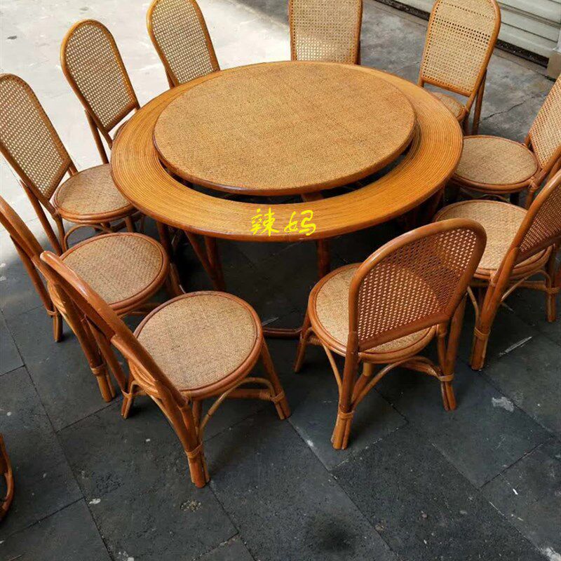 云南特色傣族手抓饭饭店r酒店傣族餐厅藤桌凳大圆桌转盘藤实木组