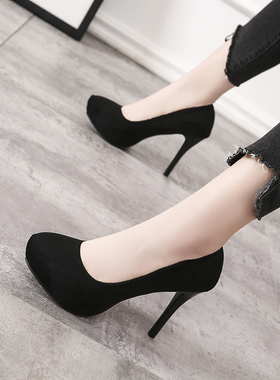 2020春款高g跟鞋10cm夜场防水台细跟职业黑色小码圆头百搭绒面单