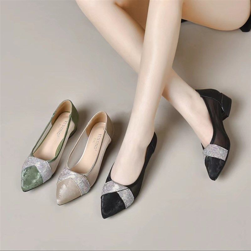 网纱凉鞋女粗跟2025新款夏季镂空气质女鞋百搭尖头高跟鞋水钻单鞋,女鞋,浅口单鞋,淘宝优惠券,粉丝福利购,淘宝优惠卷