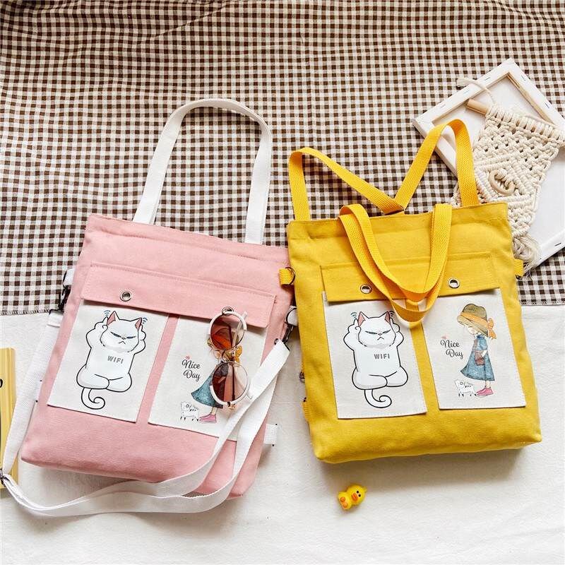 帆布包女新款布h包单肩手提斜挎大容量多功能学生书包双肩背包女