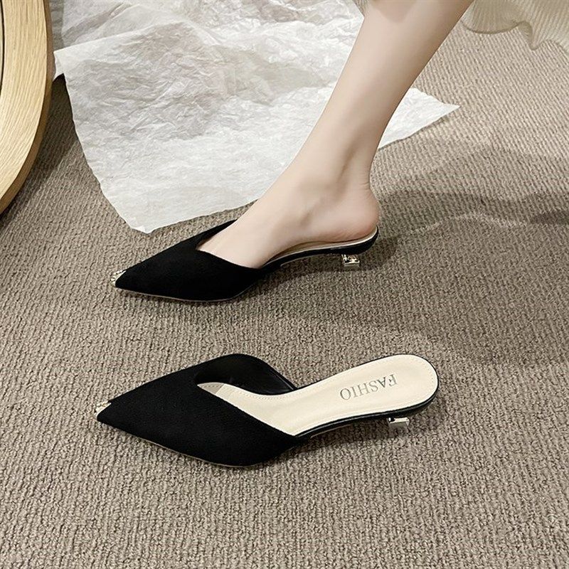 中跟尖头半托女鞋室外穿凉拖浅口半拖鞋矮跟金属尖头包头拖女凉鞋,女鞋,包头拖,淘宝优惠券,粉丝福利购,淘宝优惠卷