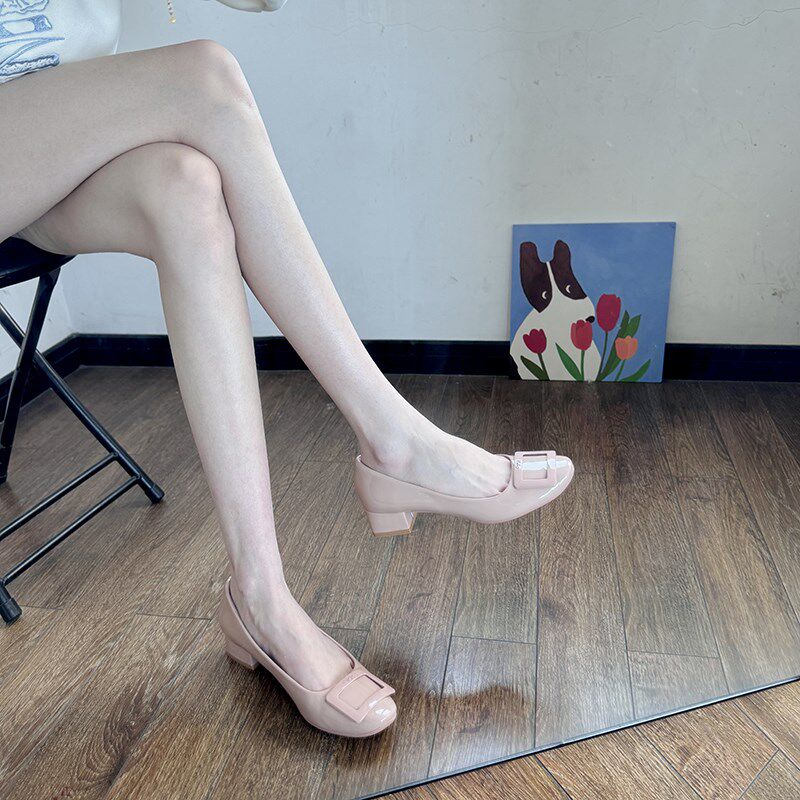2025新款夏裸色圆头粗跟方扣高跟鞋女不累脚绝美气质法式百搭单鞋