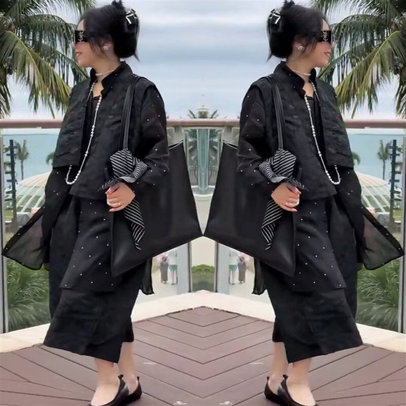 高级感时尚套装女2025t夏季新款洋派宽松波点衬衫马甲阔腿裤三件