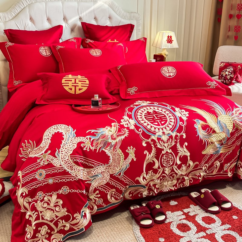 高档龙凤呈祥结婚四件套红色新婚庆纯棉床单刺绣被套喜被床上用品