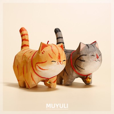 木雕木头狸花猫咪桌面摆件可爱女情侣一对新年装饰小猫手工礼物