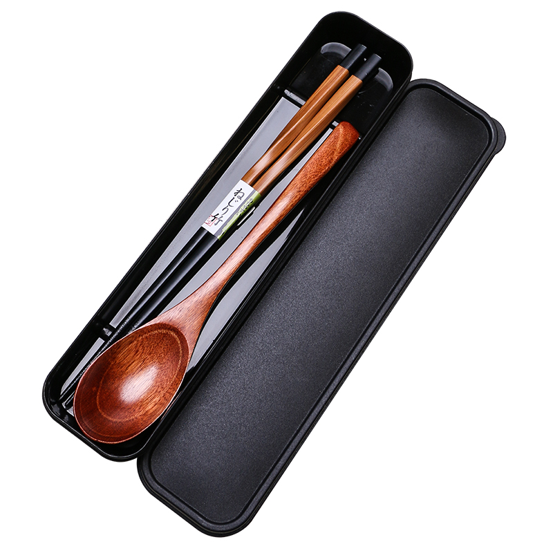 日式筷子勺子套装儿童木质便携餐具上班学生三件套筷盒筷子单人装