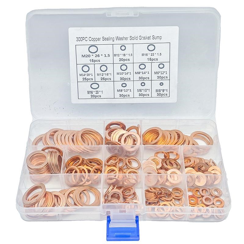 300个盒装 紫铜密封圈平垫片圆形退火耐高温高压平垫圈套装M5-M20