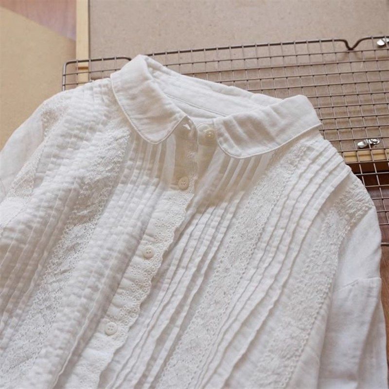 日系蕾丝花边压褶白色衬衫女春秋季纯棉双层棉纱宽松衬衣减龄小衫,女装/女士精品,衬衫,淘宝优惠券,粉丝福利购,淘宝优惠卷