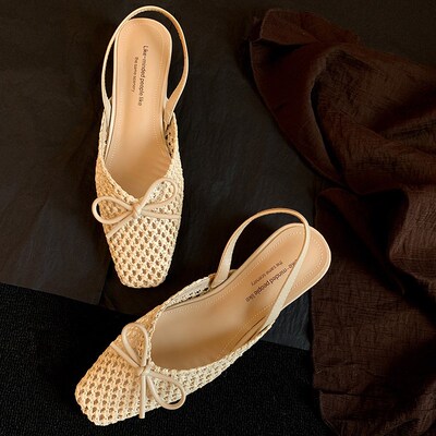 软皮镂空网状编织黑色平底包头凉鞋女2025新款夏T白色方头低跟单