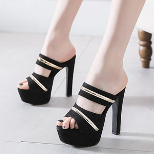 13cmc女夏超高跟防水台时尚外穿女凉拖鞋粗跟鱼嘴试衣间一字拖鞋