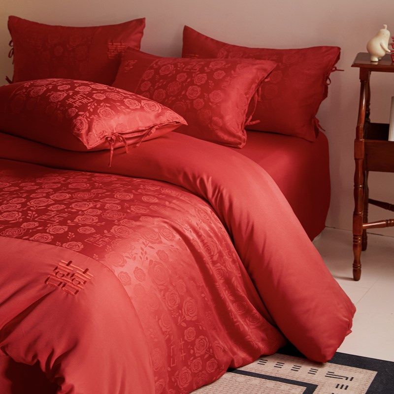 高档提花结婚四件套红色系纯棉被套床单新婚陪嫁喜被婚庆床上用品