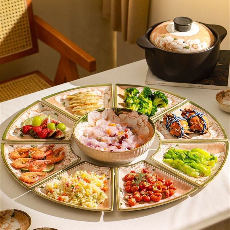 山茶花餐具陶瓷拼盘聚会碗碟高档套装扇形盘转盘过年夜饭团圆饭,餐饮具,碗,淘宝优惠券,粉丝福利购,淘宝优惠卷