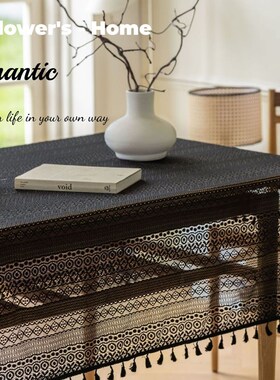 黑色蕾丝钩针桌布ins风拍照背景装饰茶几L布餐桌长方形镂空高级感