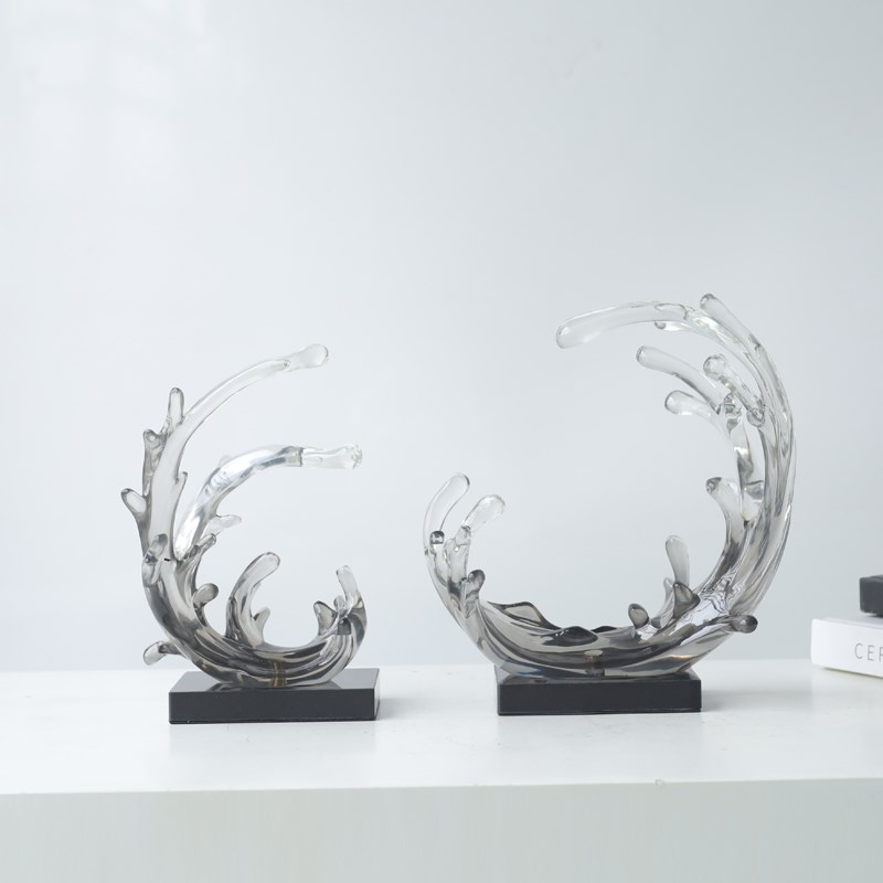 现代简约透明艺术雕塑蓝色浪花太湖石摆件酒店大堂玄关招财装饰品